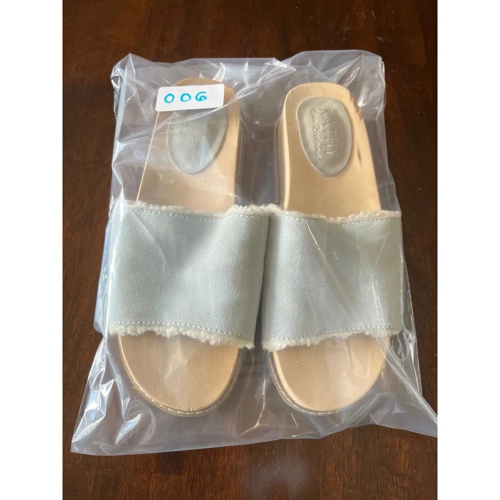 Kathy Van Zeeland Elisha Blue Suede Faux Fur Wood Platform Slide Sandals Size 7